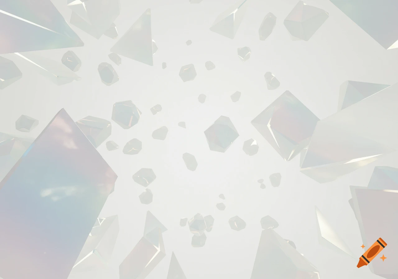 Abstract floating translucent geometric shapes and crystals in light colors against a glowing white background.