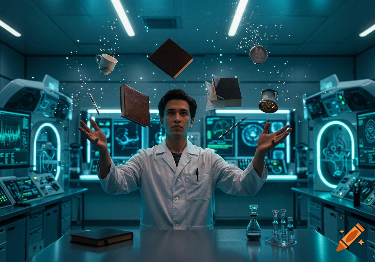 A man in a lab coat levitates books and other objects in a futuristic, glowing science laboratory, in a photorealistic style.