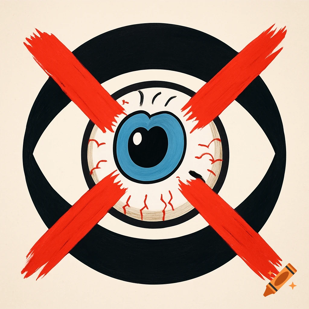 A stylized cartoon bloodshot eye with a blue iris and a black pupil is crossed out by two thick red brushstroke X's, on a light background.