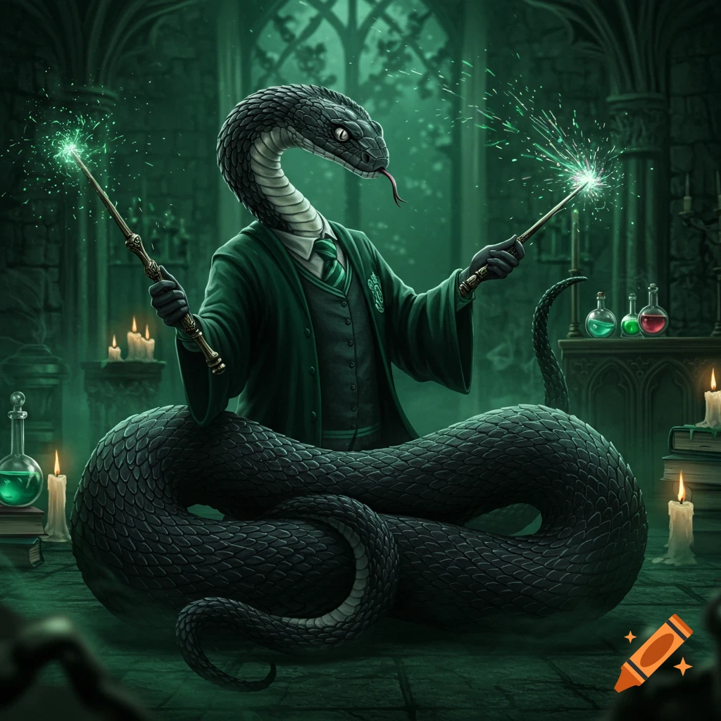 A snake-headed figure in a green Slytherin robe holds two wands, casting green magic in a dark, gothic chamber.