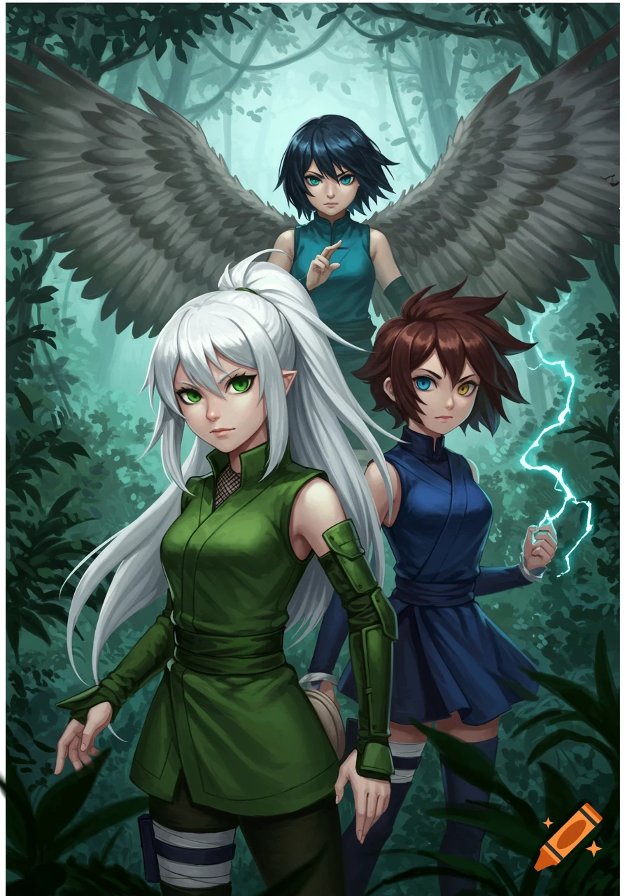 Three anime-style female warriors in ninja-like outfits with wings and lightning stand in a lush forest.