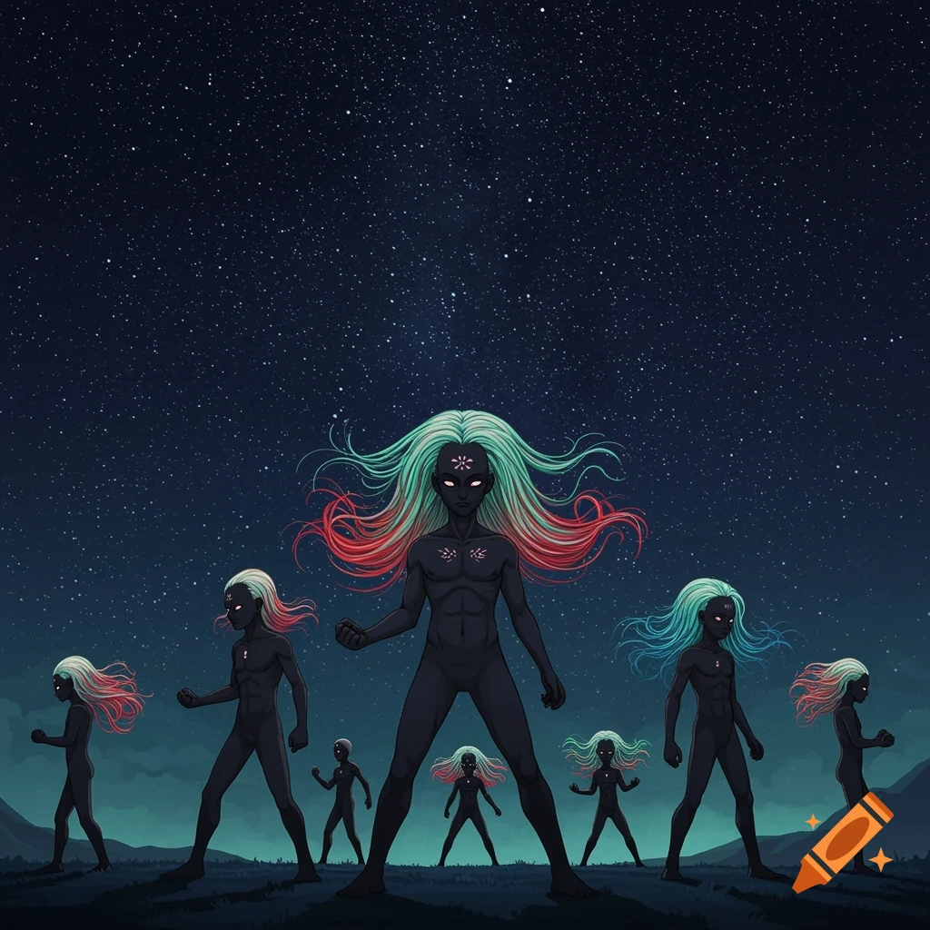 Stylized illustration of multiple dark-skinned humanoids with glowing eyes and long, flowing teal and red hair under a starry night sky.