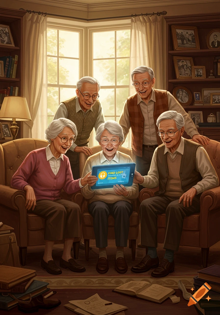 Five smiling elderly people gathered around a tablet in a cozy living room, looking at an app that says 'FIND LOST ITEMS'.