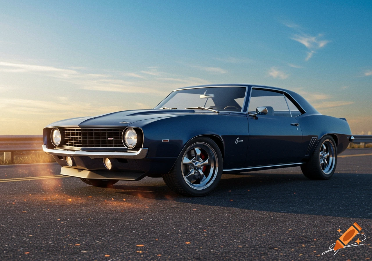 Dark blue 1969 Chevrolet Camaro on an asphalt road at sunset, photorealistic style.