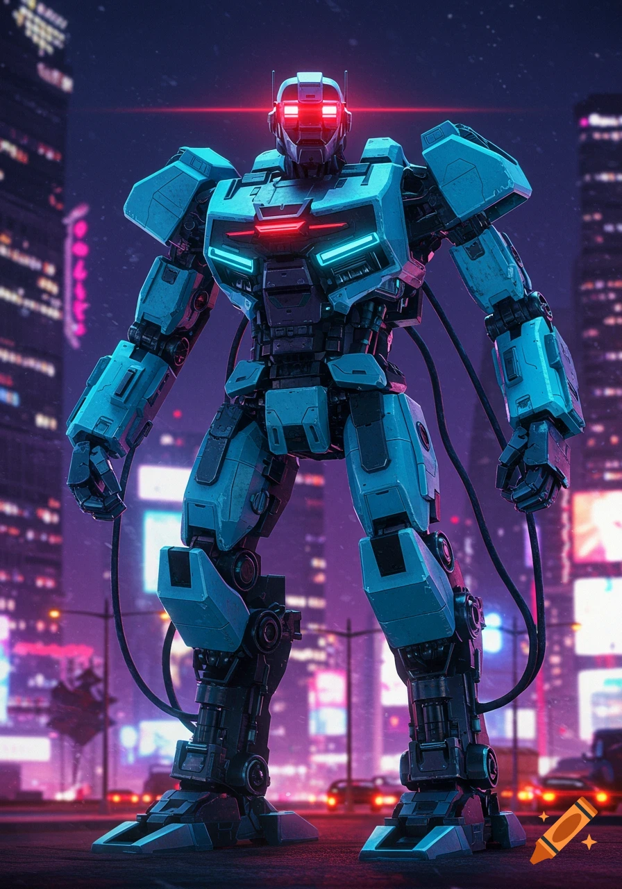 A large, blue and black mech with glowing red eyes and chest lights stands in a neon-lit, futuristic city street at night.