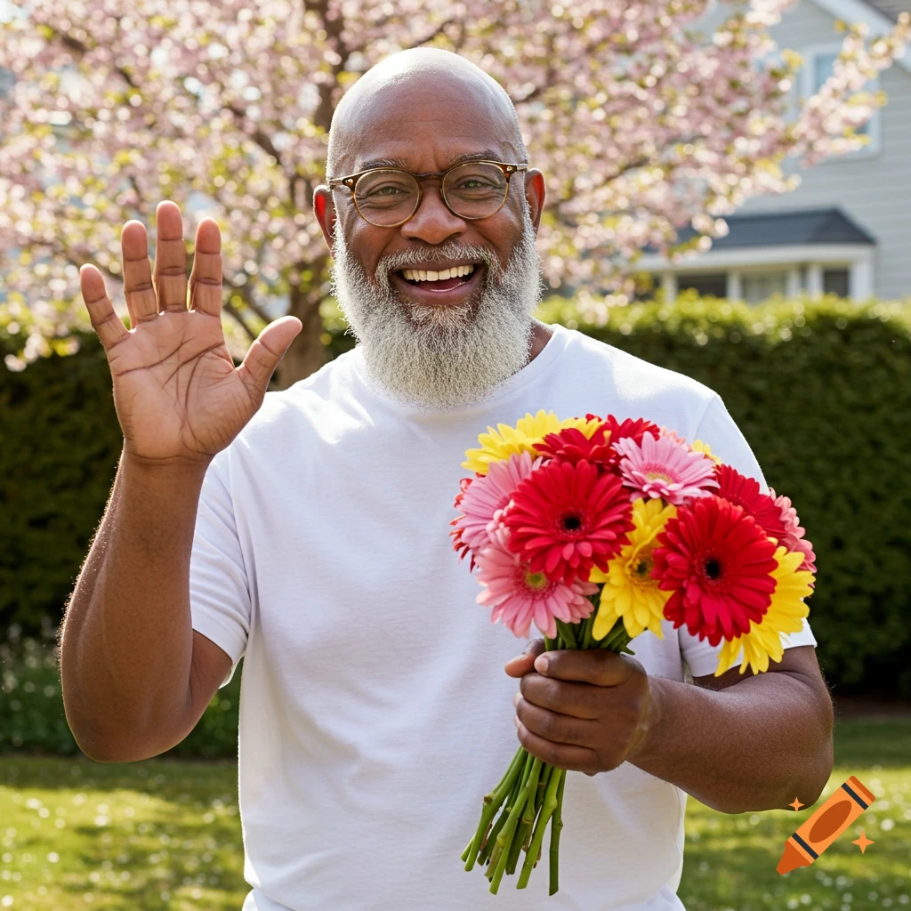A smiling bald Black man with a white beard and glasses, wearing a white t-shirt, waves and holds a colorful bouquet of flowers in a sunny garden.