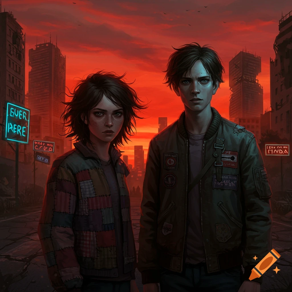 Two teenage characters stand in a ruined dystopian city under a blood-red sky, with neon signs.