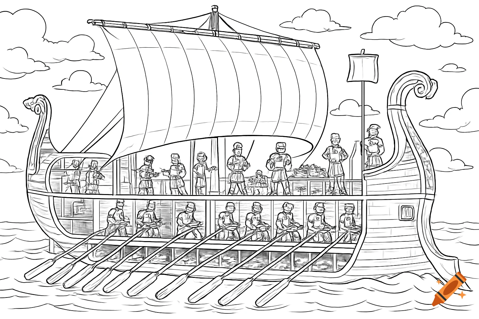 Line drawing of an ancient Roman quadrireme ship in cross-section, showing rowers below deck and soldiers on the main deck. Coloring sheet style.