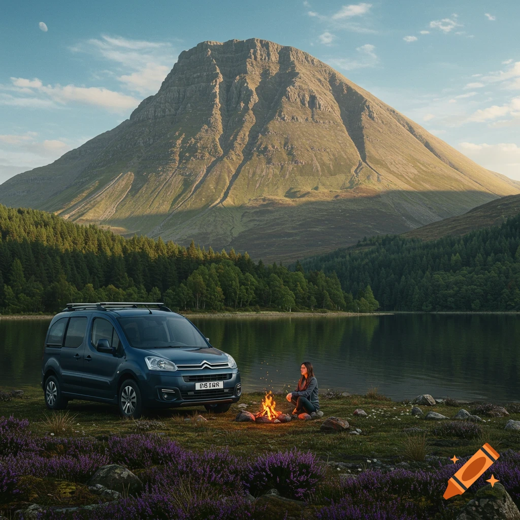 Photorealistic image of a dark blue Citroen Berlingo parked by a lake, a woman sitting by a campfire, with a large Scottish mountain and pine trees in the background.