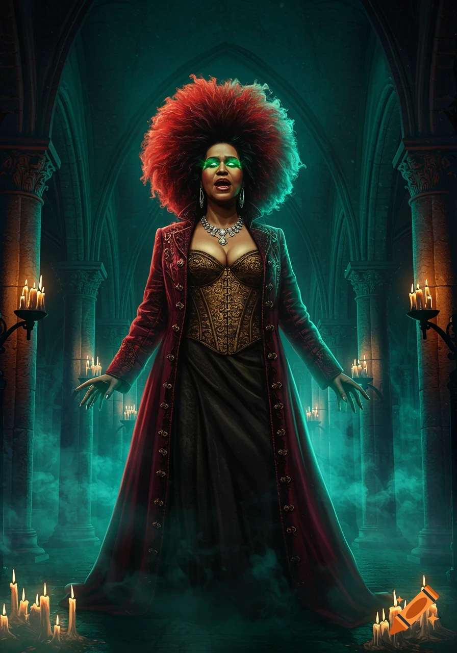 A dramatic fantasy portrait of a woman with a large red afro and glowing green eyes, wearing an ornate red coat and gold corset in a misty gothic cathedral lit by candles.