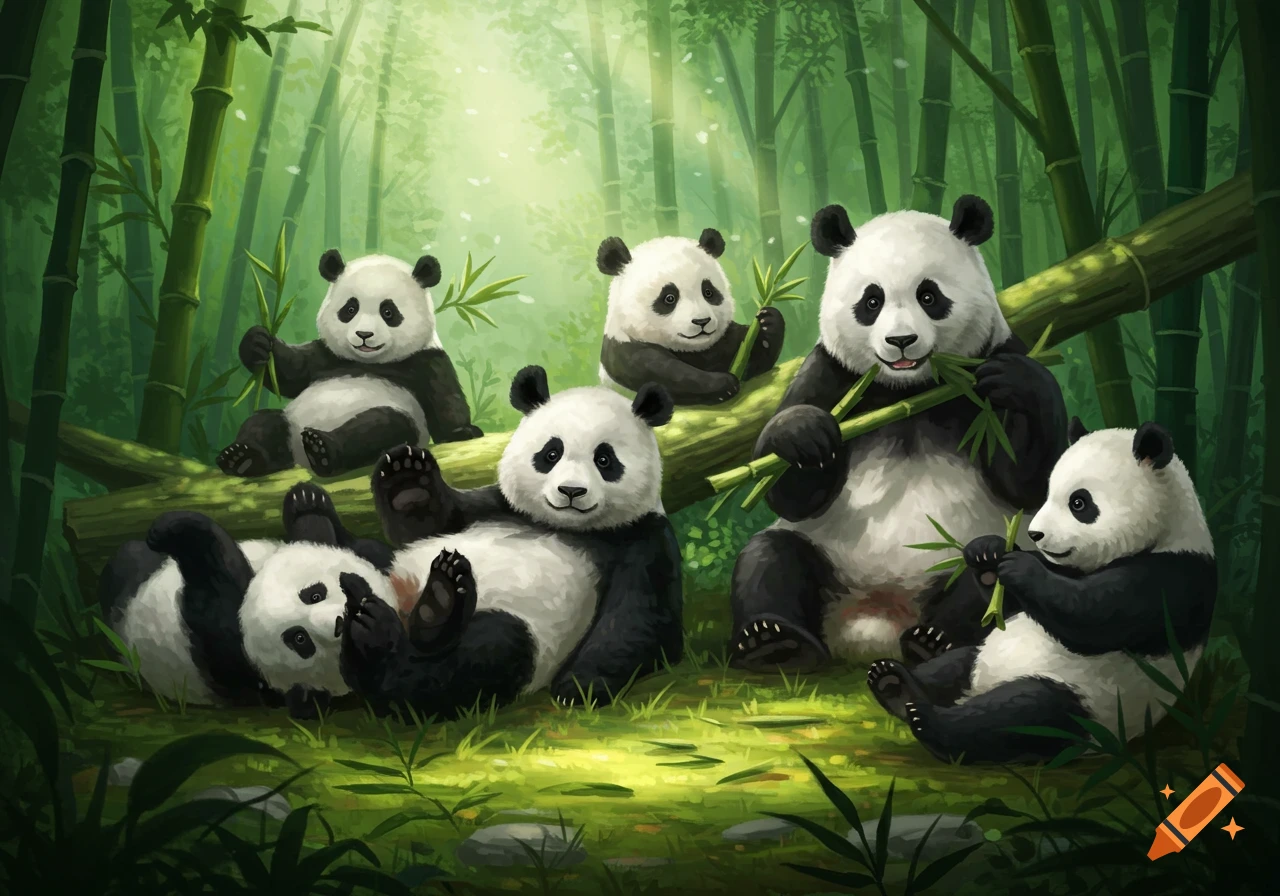 Several cute illustrated pandas playing and eating bamboo in a lush green forest.