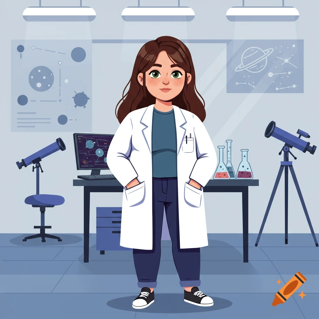 Cartoon astrophysicist in lab coat, brown hair, hazel eyes, standing in a lab with telescopes and beakers.