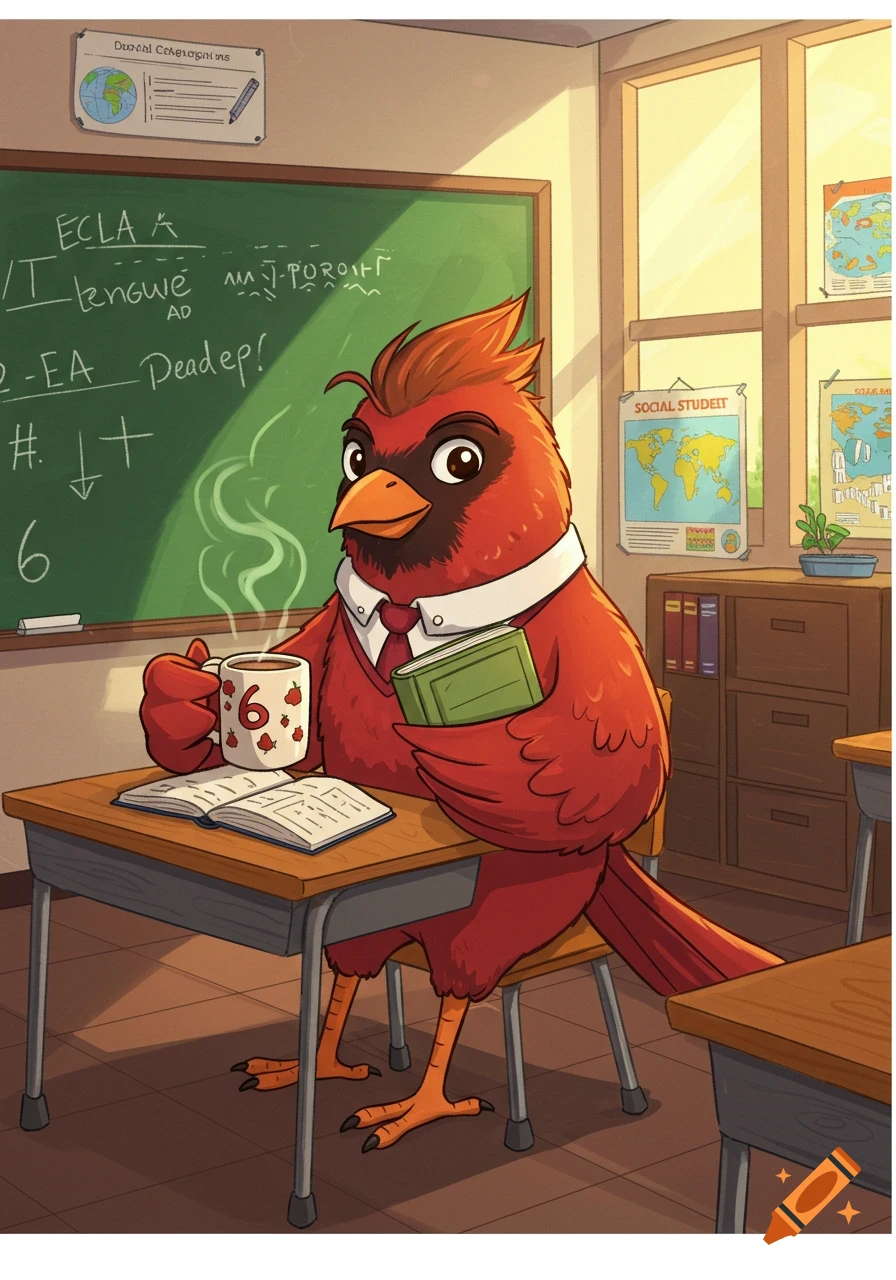 A cartoon red cardinal teacher with brown hair, wearing a white shirt and red tie, sitting at a desk in a classroom, holding a coffee mug and a book.
