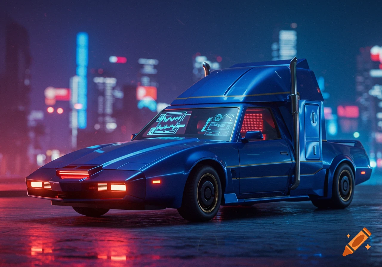 A sleek blue futuristic car-truck hybrid with glowing red and blue lights, parked on a wet street in a neon-lit cyberpunk city at night.