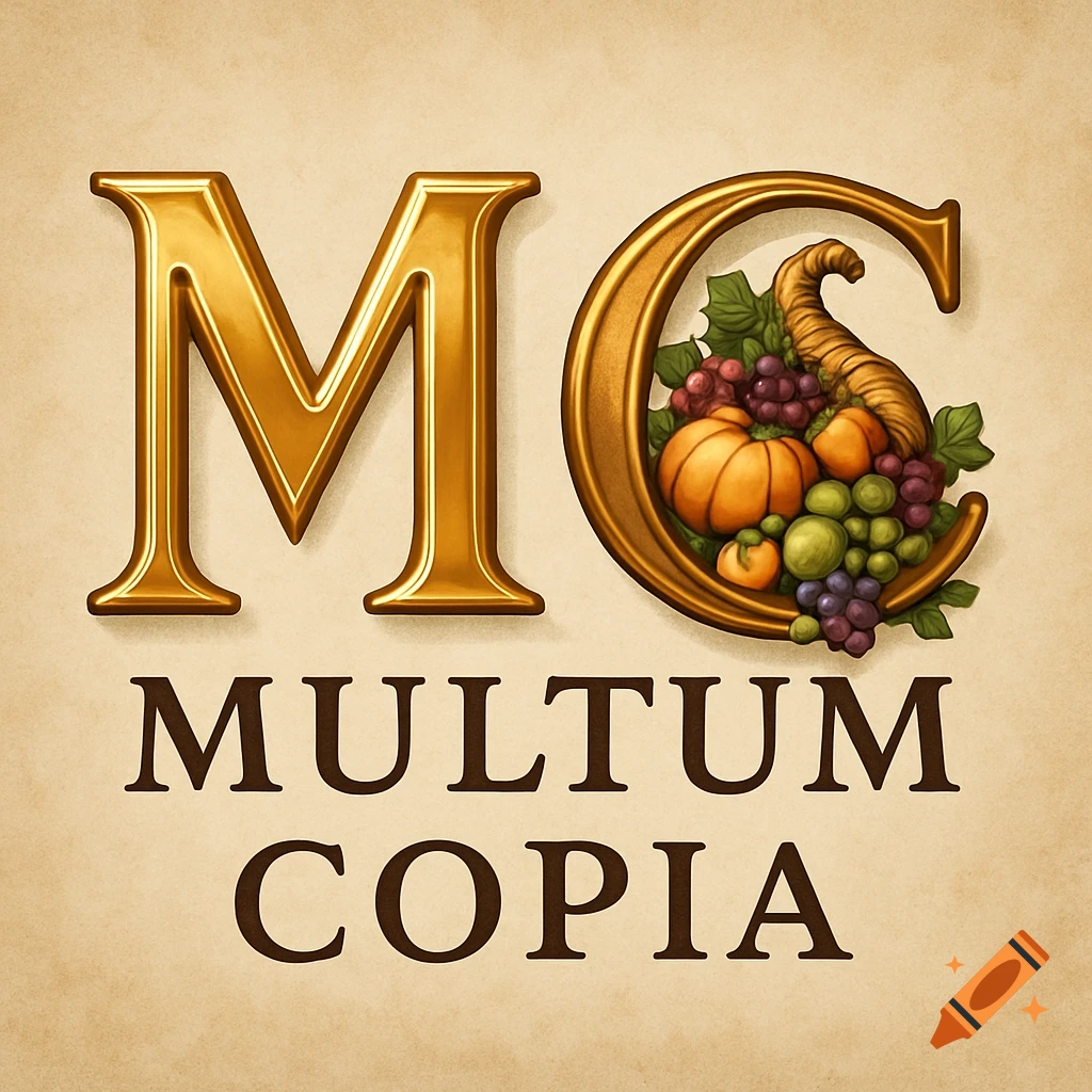 Golden 'MC' with a cornucopia of autumn fruits in the 'C', above 'MULTUM COPIA', in a rich illustrated style.
