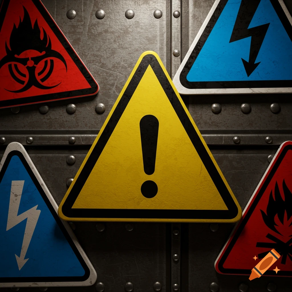 Various warning signs including biohazard, electrical, and general warning symbols on a dark, riveted metal surface.