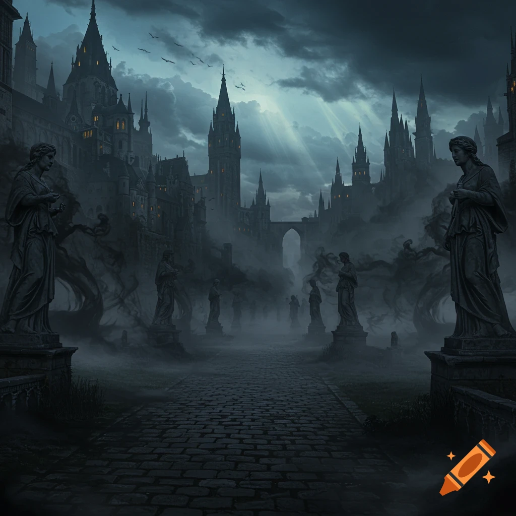 Dark, gothic cityscape with spired castles, ancient statues, and a cobblestone path veiled in fog under a dramatic sky.