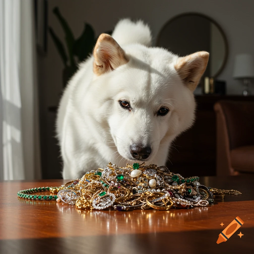 A large white dog closely examines a sparkling pile of gold and gemstone jewelry on a wooden table.