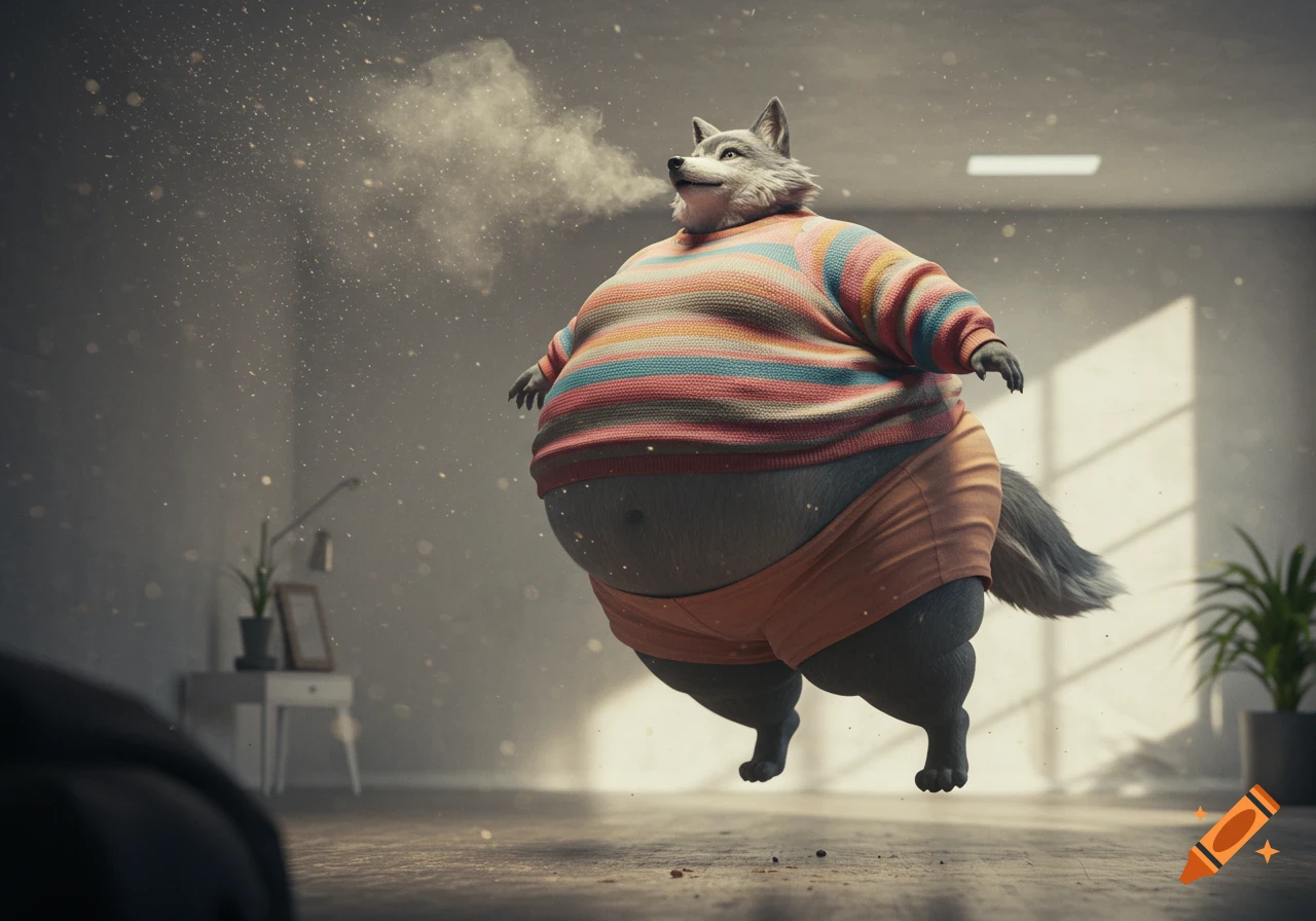 An extremely obese anthropomorphic wolf in a striped sweater and orange shorts floats in a dusty room, exhaling a cloud.