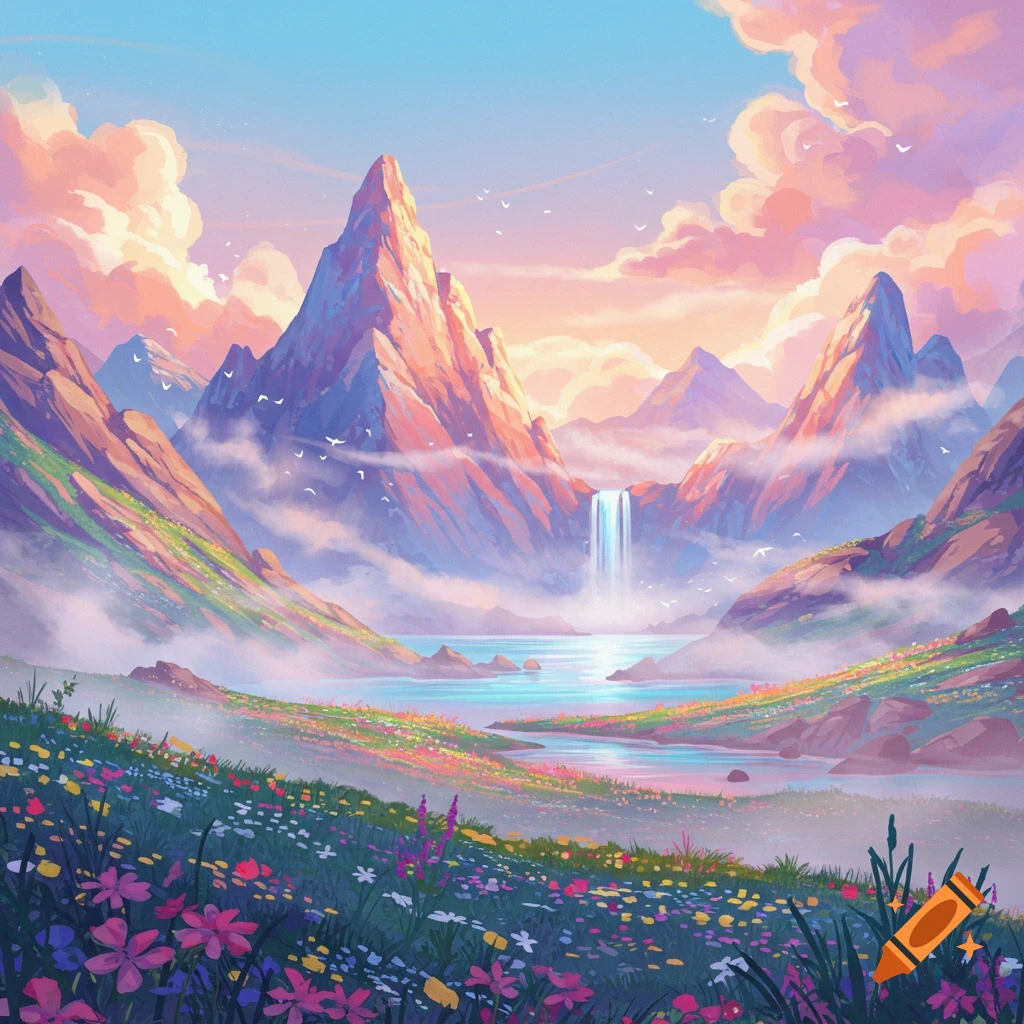 Vibrant fantasy landscape with majestic mountains, a cascading waterfall into a serene lake, and a field of colorful wildflowers.