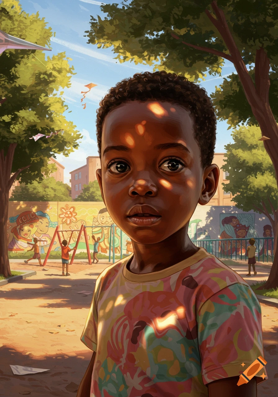 Stylized illustration of a young Black boy looking forward in a sunny playground with a colorful mural and children playing in the background.