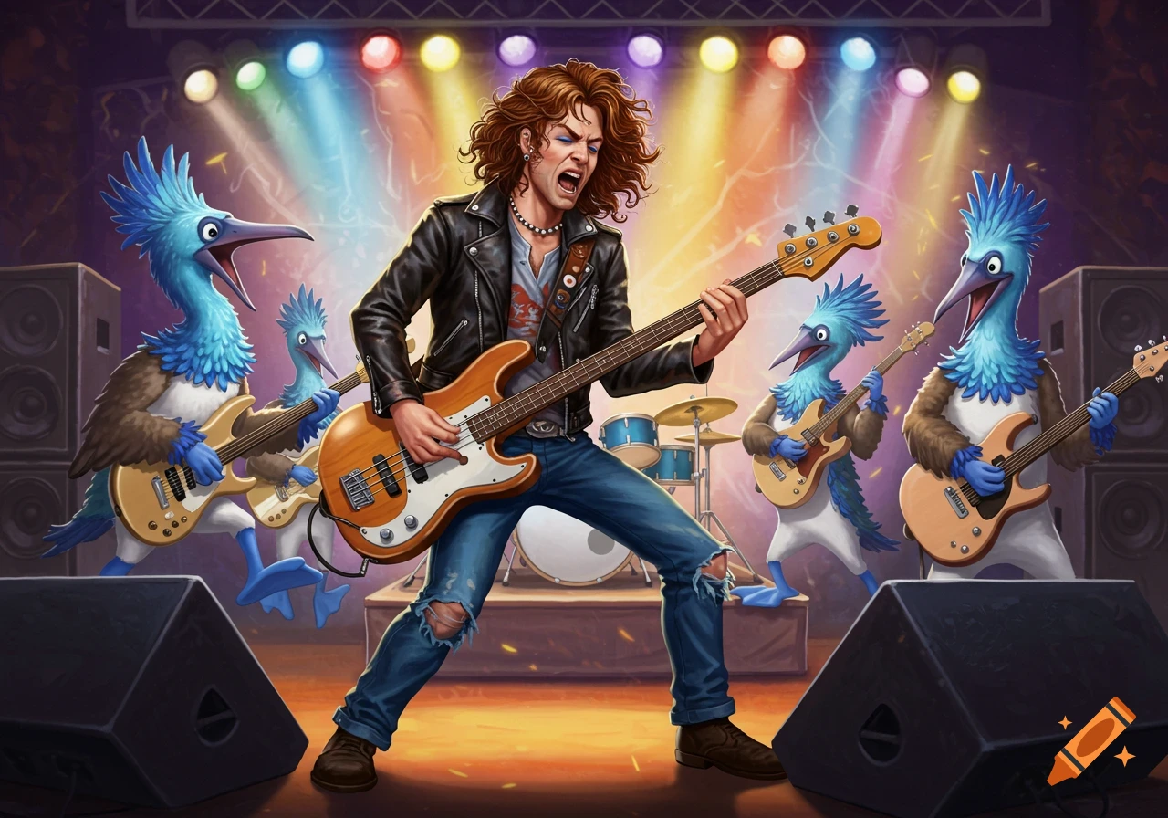 A man with curly hair plays bass guitar on stage with his backup band of blue, bird-like creatures, under colorful spotlights.