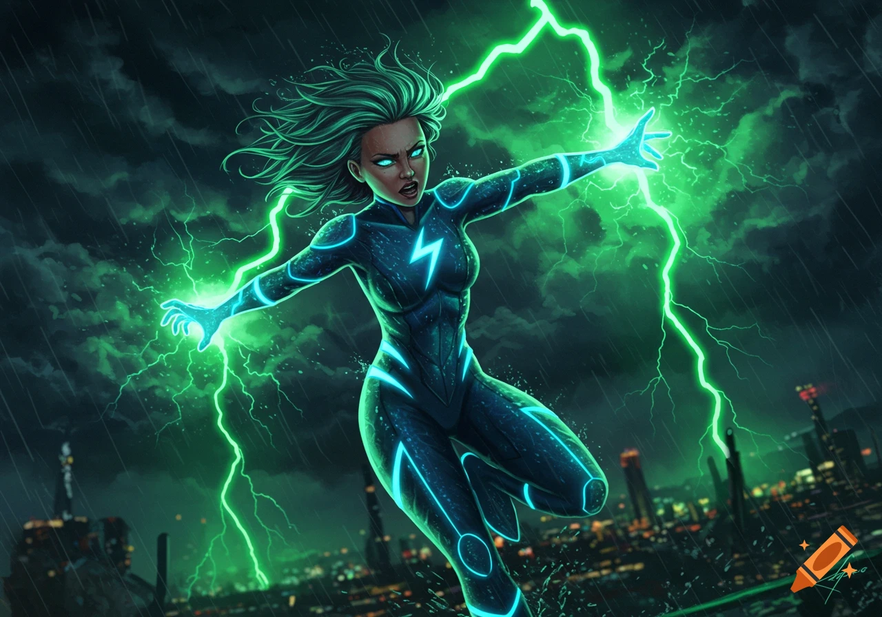 An intense female superhero with green hair and glowing eyes, wearing a dark suit with neon accents, unleashes green lightning in a stormy night sky above a city. Illustrated.