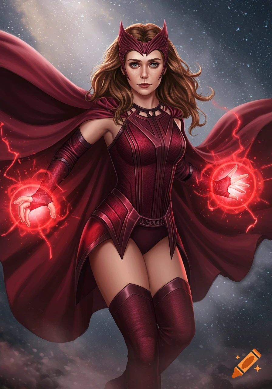 Digital painting of Scarlet Witch in her red costume and headpiece, casting glowing red magic from her hands against a starry sky.
