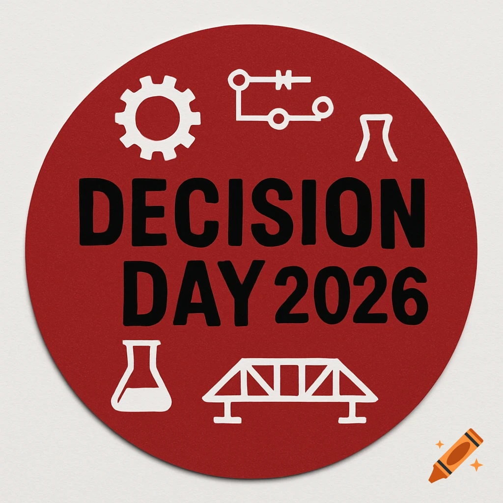 A red circular sticker with 'DECISION DAY 2026' in black text, surrounded by white engineering symbols including a gear, circuit, beaker, and bridge.