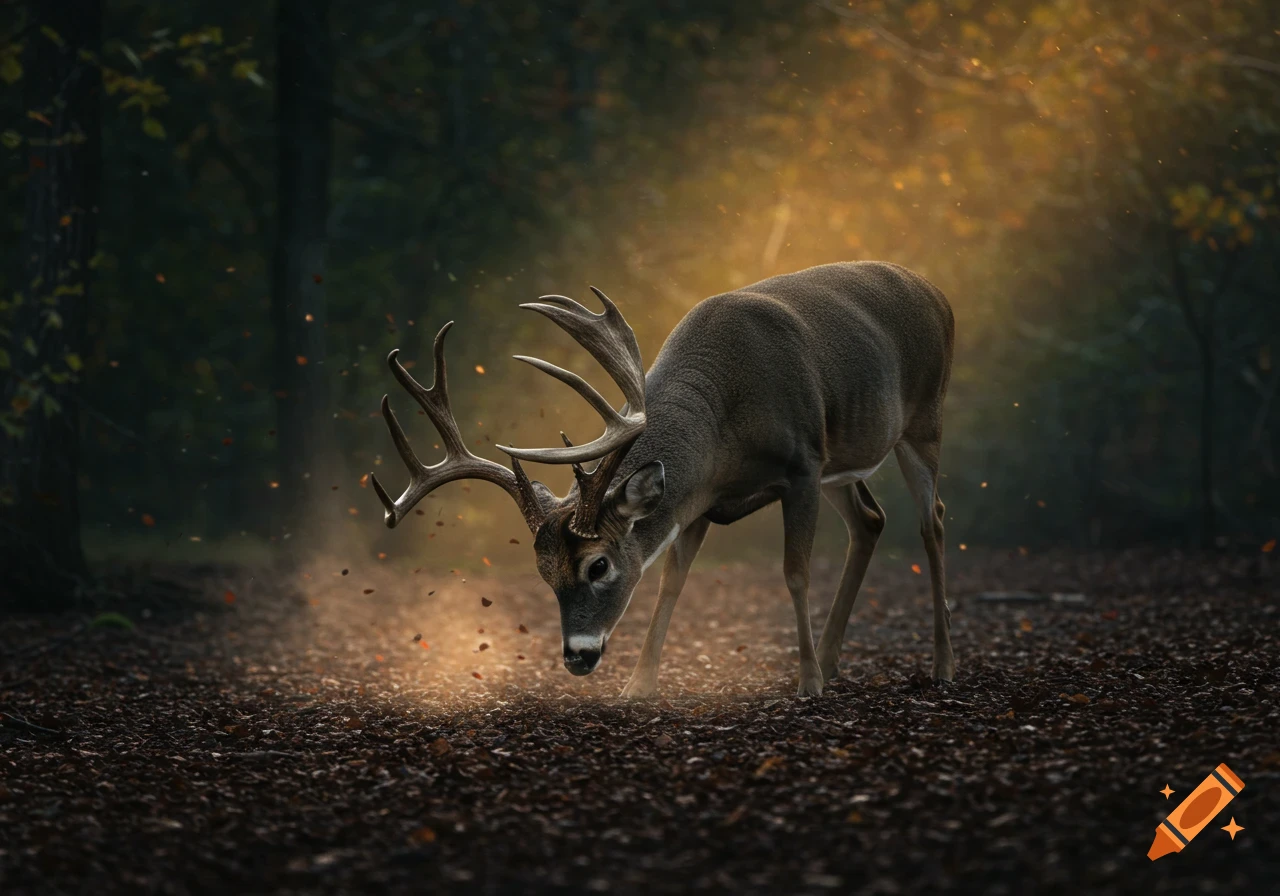 Photorealistic image of a whitetail buck with large antlers, head down, foraging in a sunlit autumn forest with falling leaves.