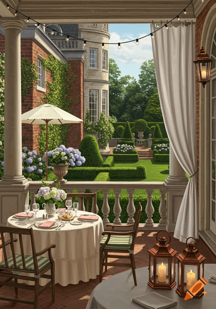 An elegant outdoor patio with a dining table overlooking a formal garden and a grand mansion, adorned with string lights.