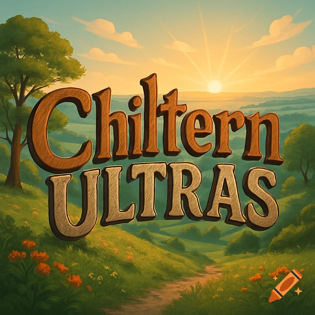 Stylized text 'Chiltern ULTRAS' set against a sunny, rolling green hill landscape with trees and wildflowers, in an illustrative style.