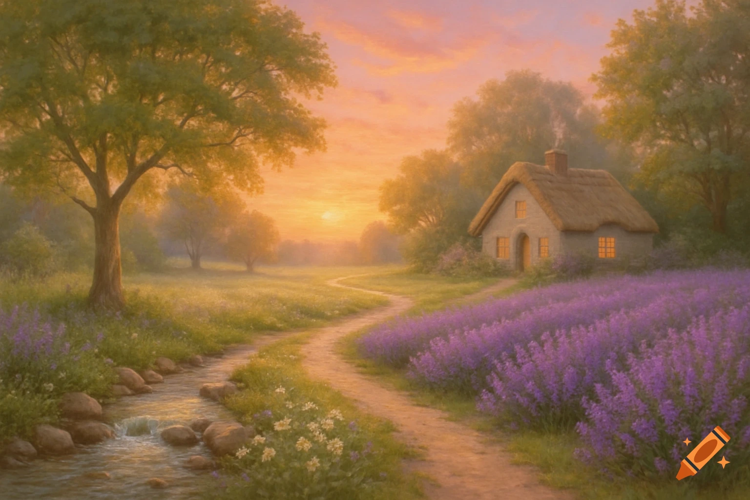 A serene, painterly landscape at sunset with a winding path leading to a thatched cottage, surrounded by lavender fields and a stream.