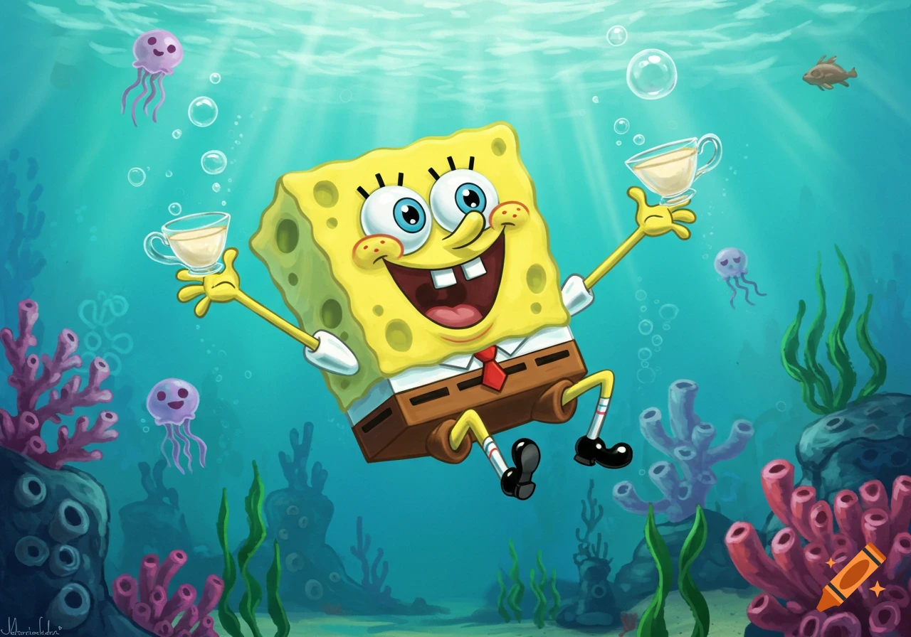 SpongeBob SquarePants floats happily underwater, holding two teacups, surrounded by jellyfish and coral, in a vibrant cartoon style.
