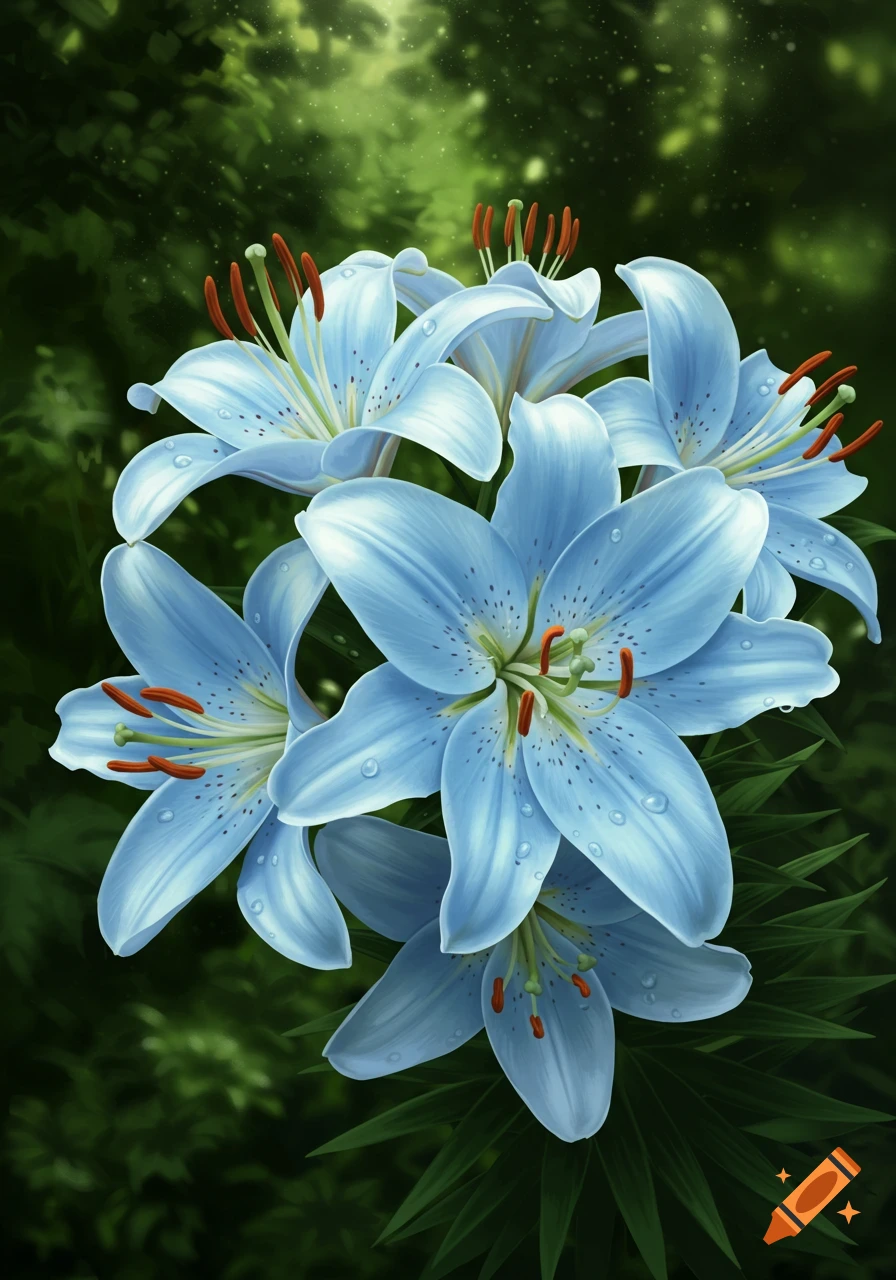 Close-up digital painting of vibrant light blue lilies with water droplets, set against a dark green blurred background.