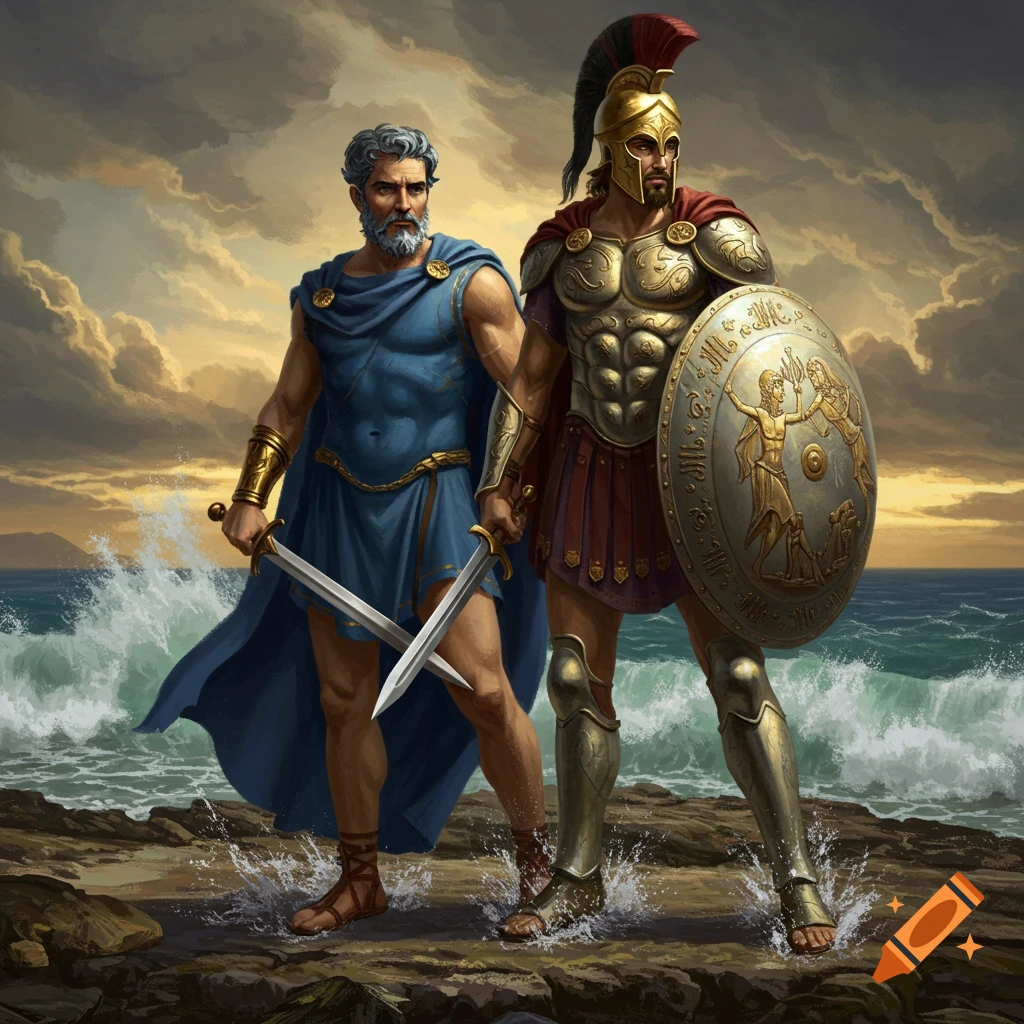 Two ancient Greek heroes, one an older man in a blue tunic with two swords, the other an armored Spartan warrior with a shield, stand on a rocky seashore at sunset.