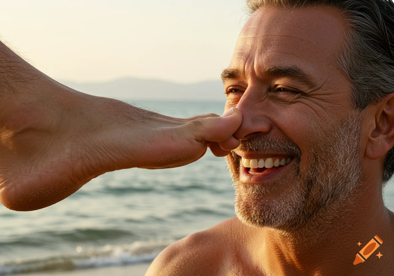A happy, gray-bearded man laughs as a bare foot playfully tickles his nose on a sunny beach.