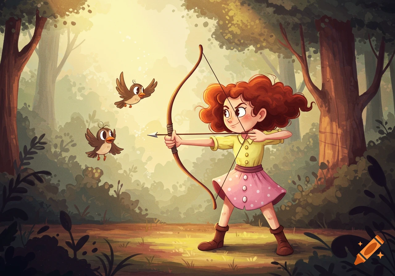 A cartoon girl with red curly hair aims a bow and arrow at two small birds in a sunny forest.