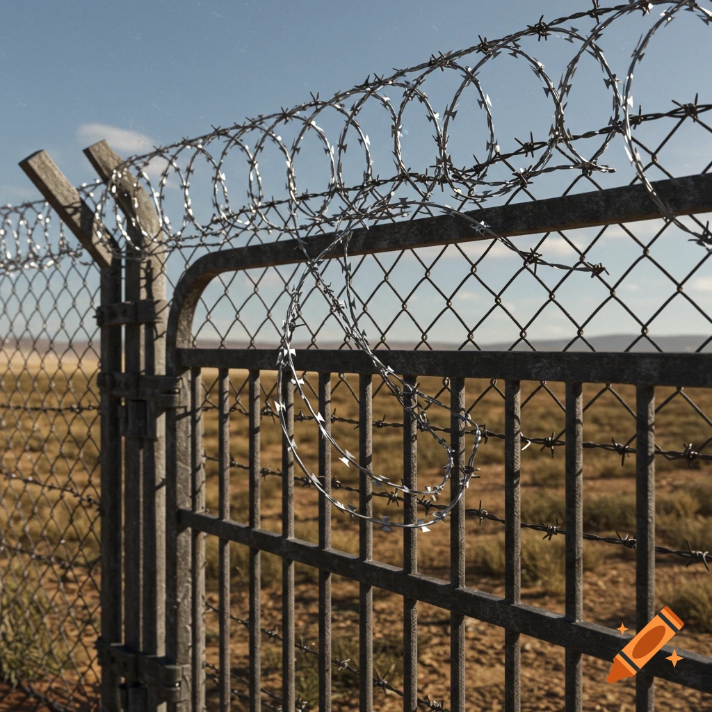 Photorealistic image of a chain-link fence and gate topped with sharp concertina wire in a dry, open field under a blue sky.