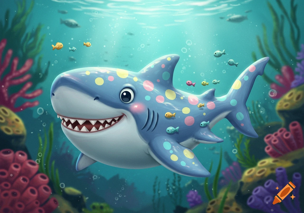 Cute blue cartoon shark with colorful polka dots swims in a vibrant coral reef surrounded by small fish.
