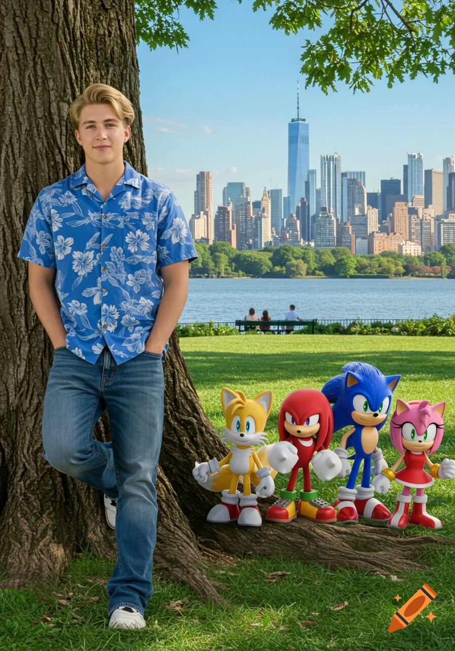 A young man in a blue Hawaiian shirt leans against a tree with Sonic, Tails, Knuckles, and Amy in a park, NYC skyline in background.