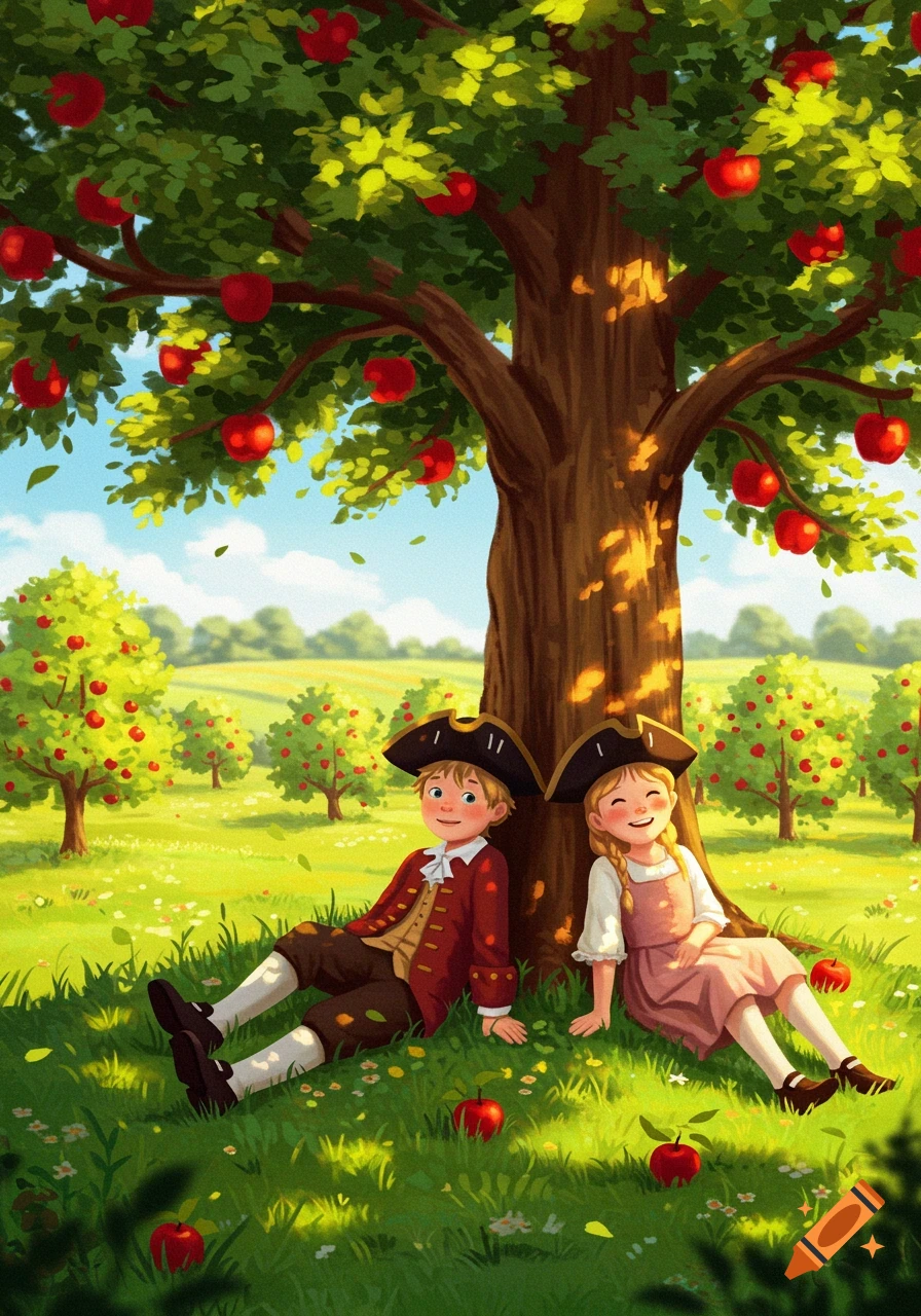 An illustration of a boy and girl in colonial tricorn hats sitting under a large apple tree in a sunny orchard.