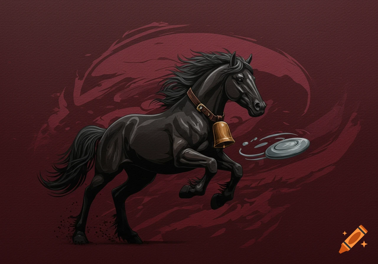 Stylized illustration of a black horse with a cowbell, running with a frisbee on a maroon textured background.