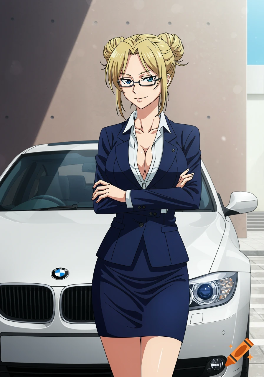 An anime woman with blonde hair, glasses, and a business suit with a low-cut shirt and short skirt stands smugly in front of a white BMW.