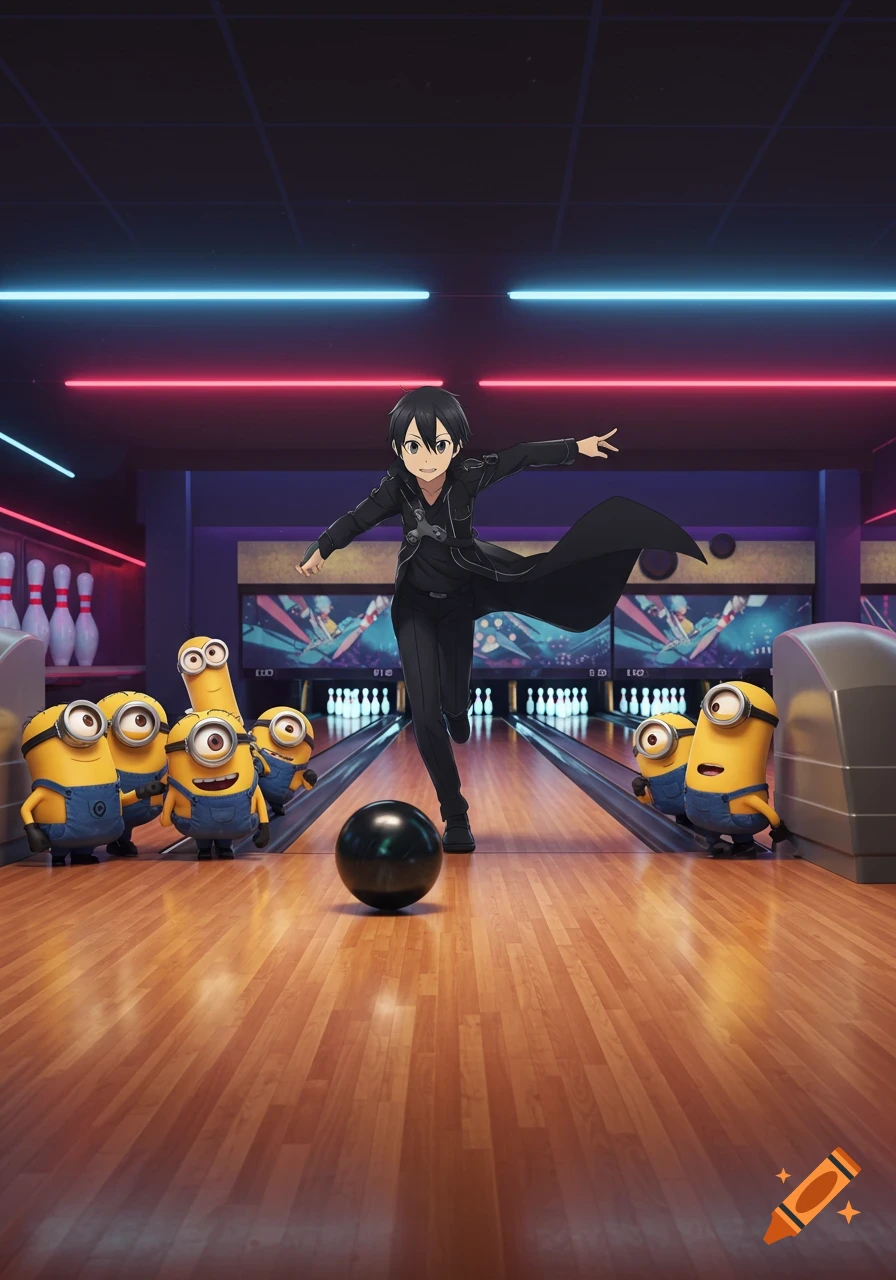 Anime character Kirito bowls in a neon-lit alley while Minions watch from the side.