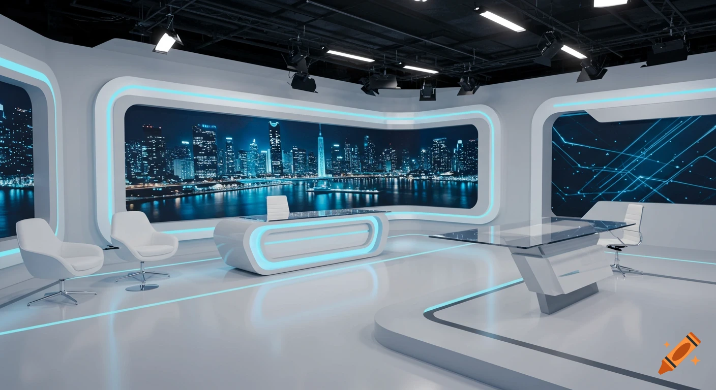 A wide-angle shot of a modern white TV studio with blue accent lighting, a desk, chairs, and large screens showing a city skyline and digital patterns.