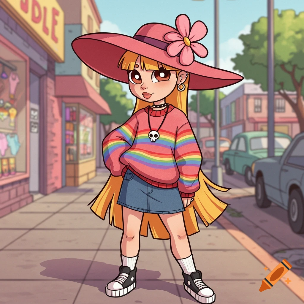 A cartoon girl with long blonde hair, a large pink hat with a flower, a rainbow sweater, a denim skirt, and a skull necklace stands on a sidewalk.