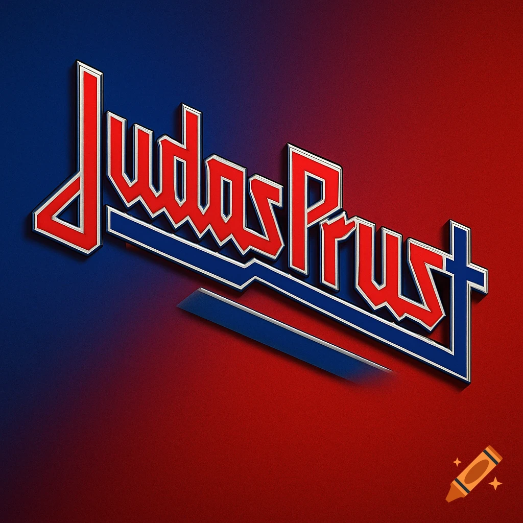 A 3D stylized logo reading 'Judas Prust' in red, white, and blue, against a red and blue gradient background.