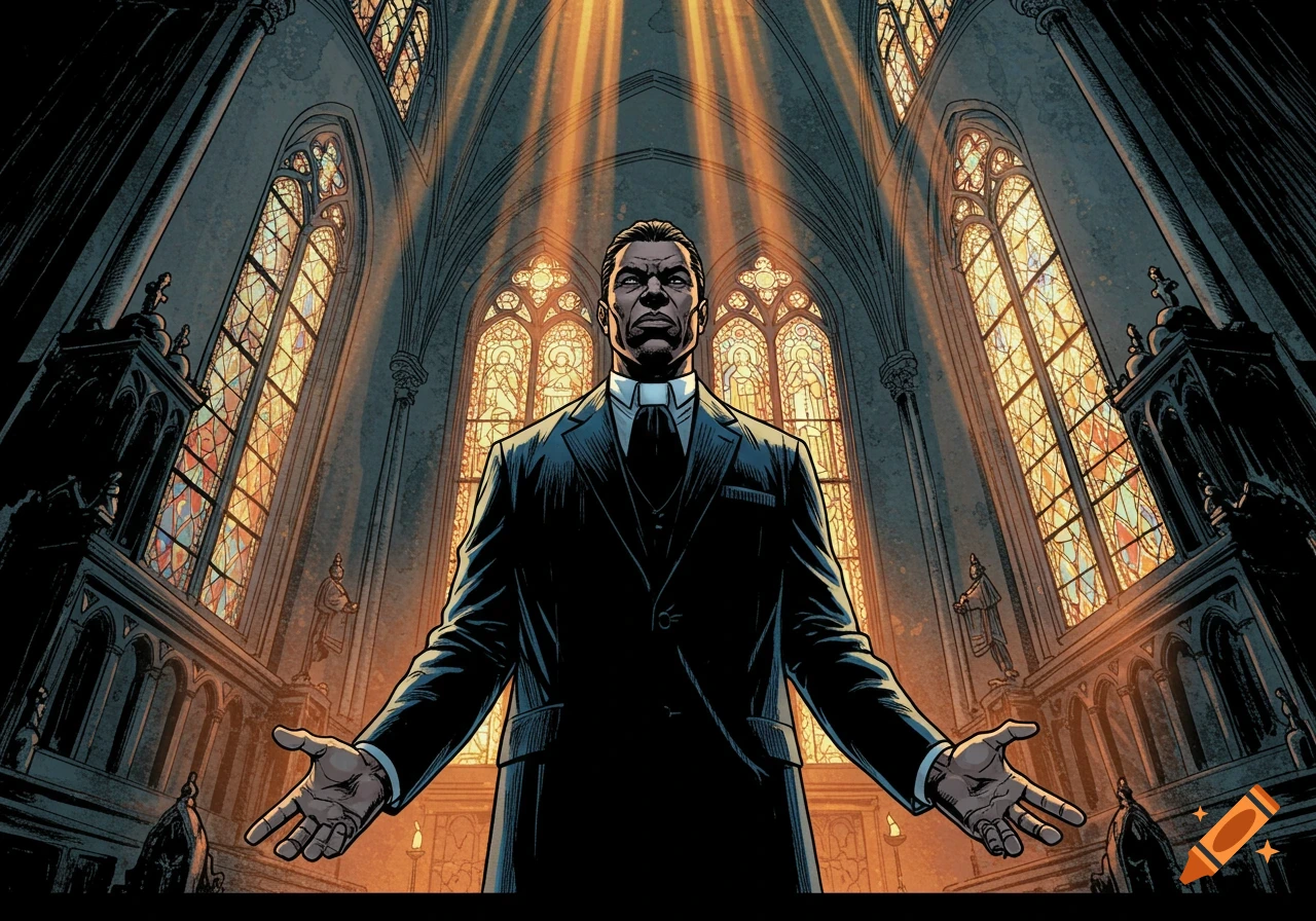 A comic book art style image of a preacher in a suit standing in a church with outstretched arms, sunlight streaming through stained glass.