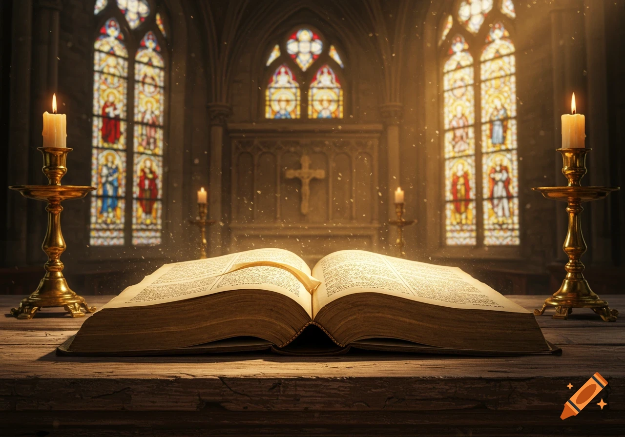 An open bible on a wooden table, flanked by lit candles, inside a sunlit church with stained glass windows.